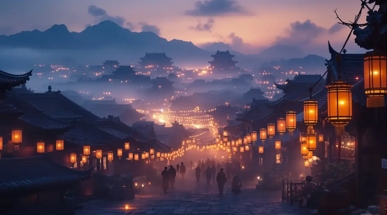 风起长安主视觉背景，暖光剧场氛围