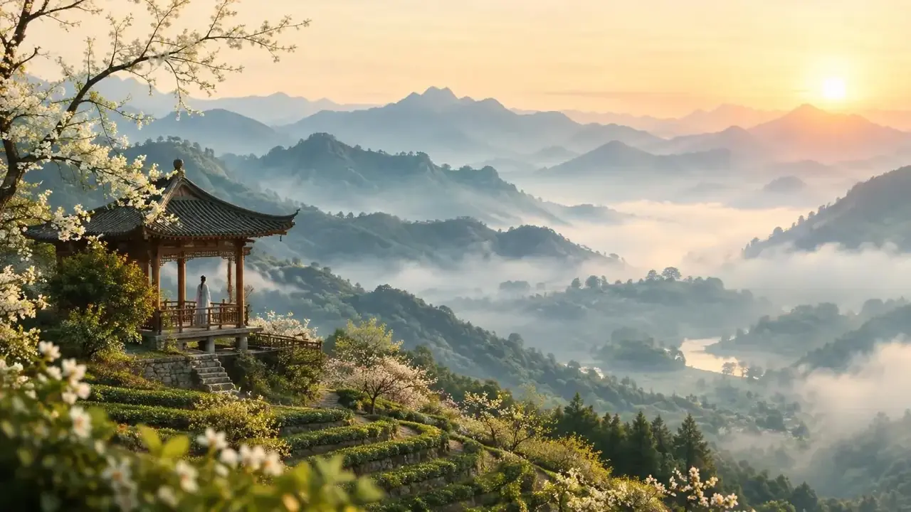 春山可望主视觉背景，暖光剧场氛围